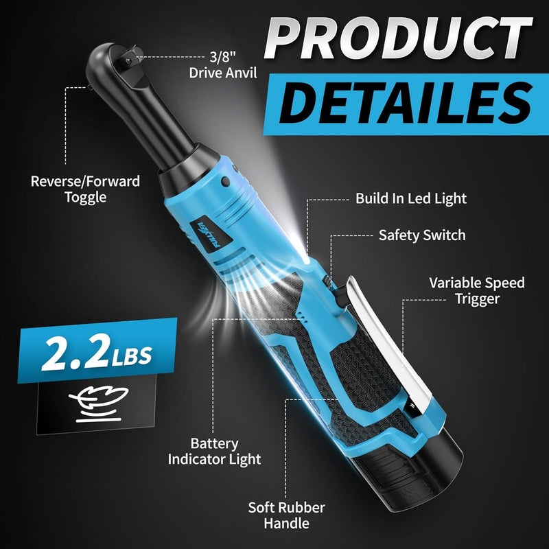 FULLYEA 3/8" Cordless Ratchet Wrench Set, 40 Ft-lbs, 550 RPM, 16.8V Electric Ratchet, Extended Power Ratchet Tool Kit with Variable Speed, 2 * 2.0Ah Battery, 1/4" Adapter & 3" Extension Bar(Blue) - Image 2